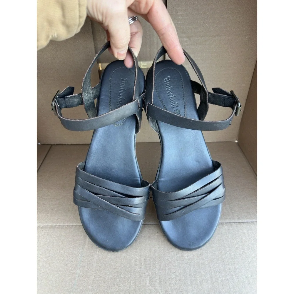 Timberland Cherrybrook Sandals Women's 9 Black Leather Strappy Flat Slingback